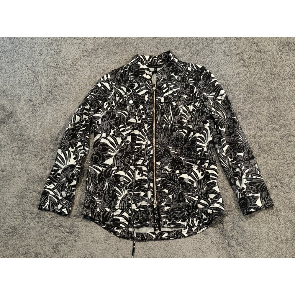 White House Black Market Jacket Womens Small Black White Floral Zip Utility